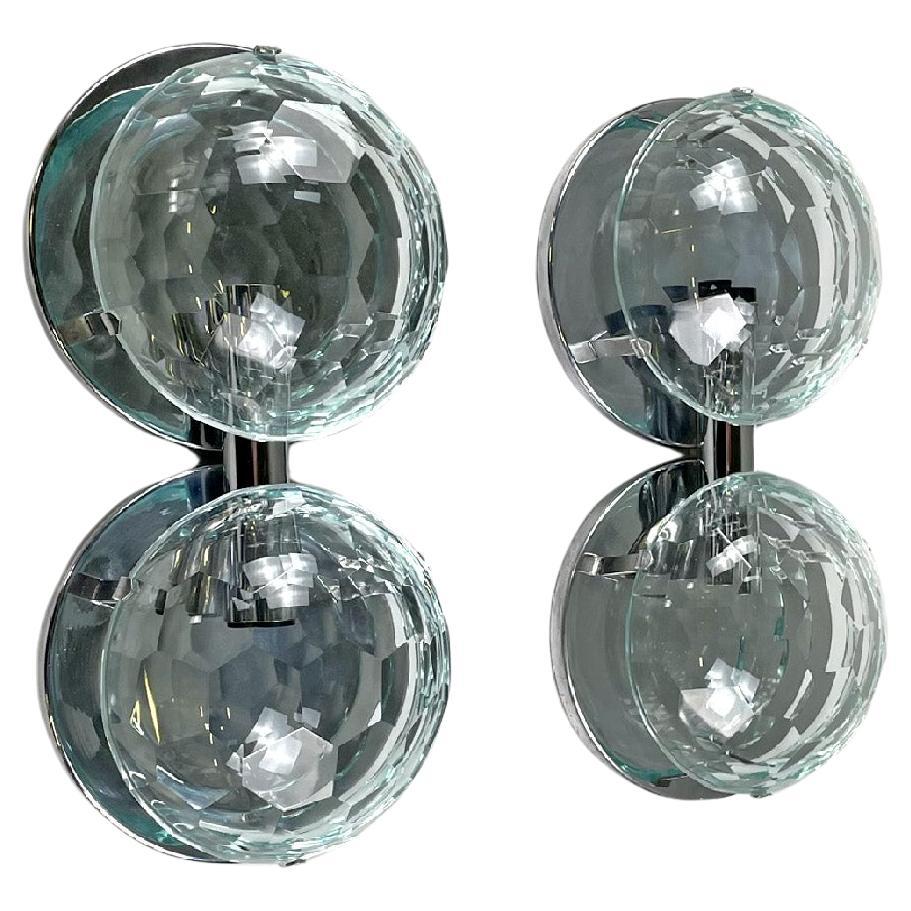 Italian mid-century modern chromed metal and faceted glass wall lights, 1960s For Sale