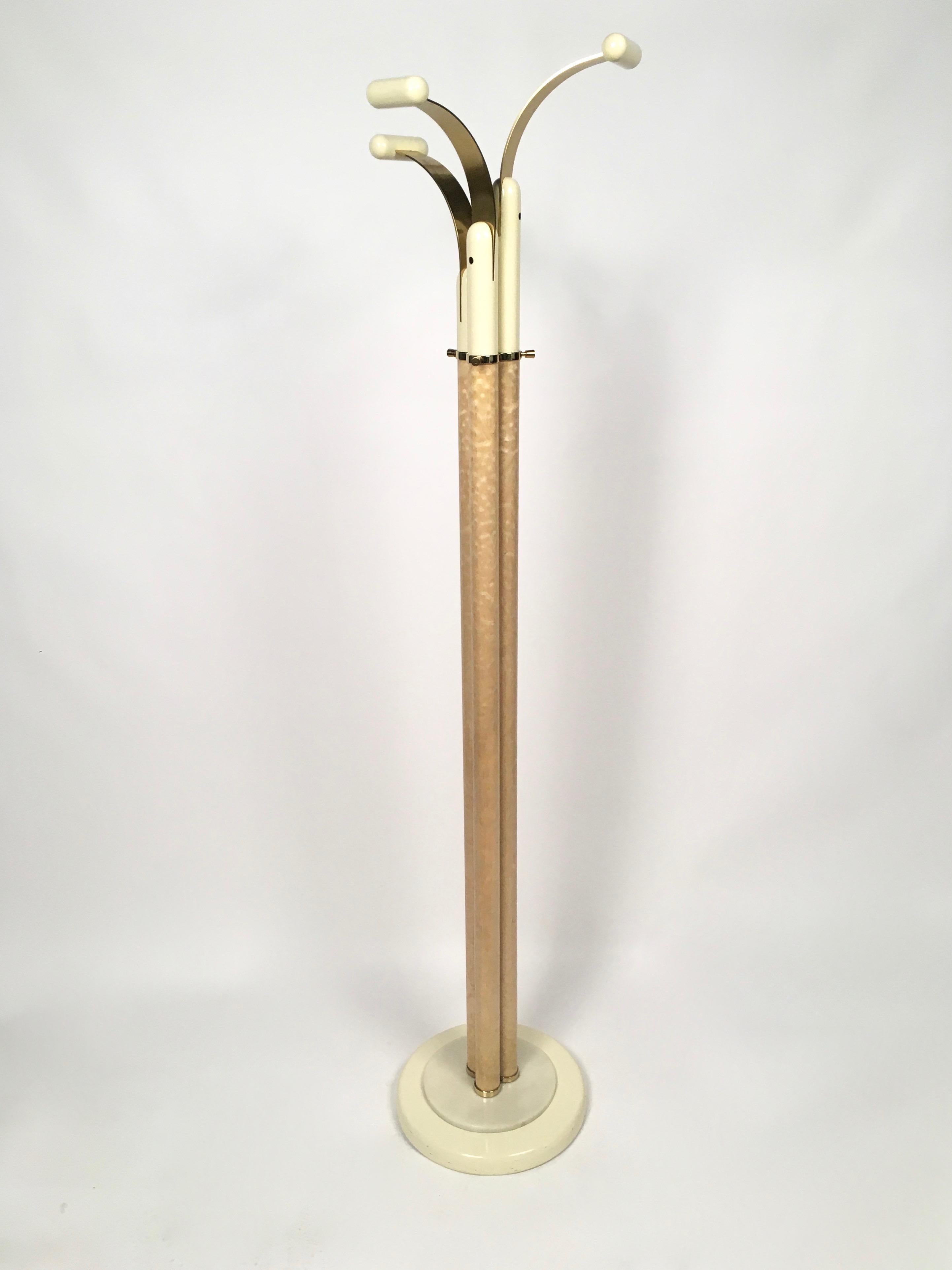 Fabulous Italian coat hanger in Mid-Century Modern style, with three adjustable arms in lacquered wood and brass.