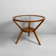 Italian mid-century modern coffe table in wood and decorated glass, 1950s