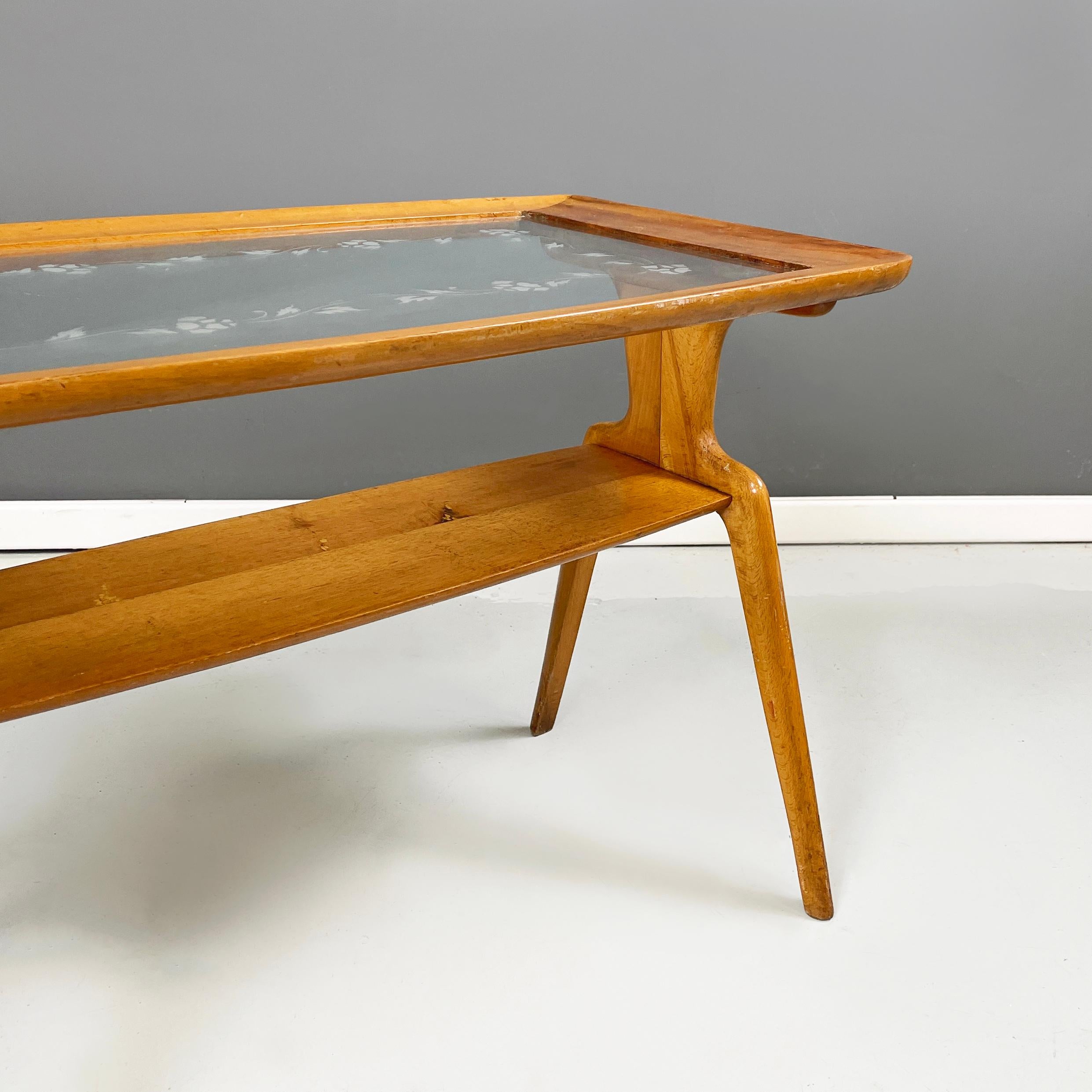 Mid-20th Century Italian mid-century modern Coffee table in wood and decorated glass, 1950s For Sale