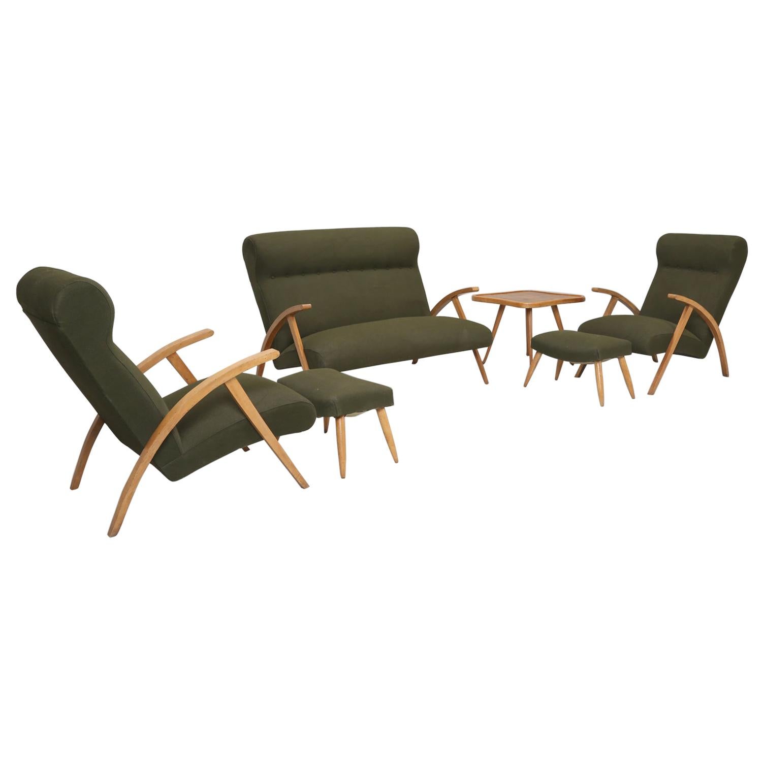 Italian Mid-Century Modern Complete Suite Chairs with Ottomans, Settee and Table For Sale