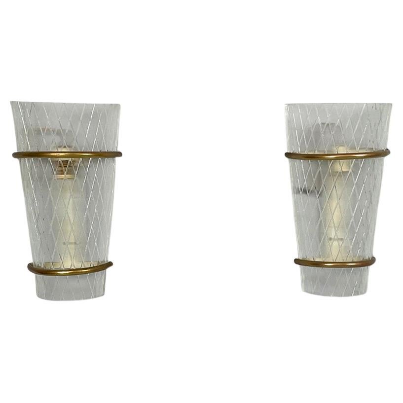 Lampade da parete italiane di metà secolo in vetro e metallo, 1950 in vendita