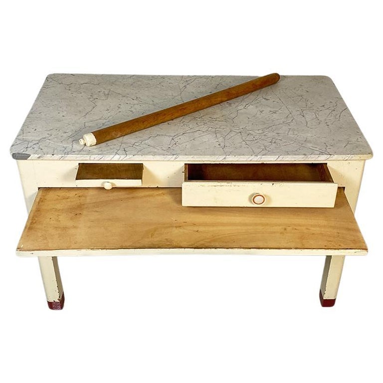 Italian MidCentury Modern Cream Wood and Marble Kitchen Table, 1960s