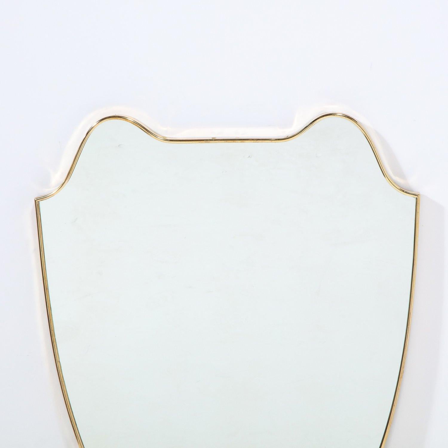 Italian Mid-Century Modern Curvilinear Shield Brass Framed Mirror In Excellent Condition In New York, NY