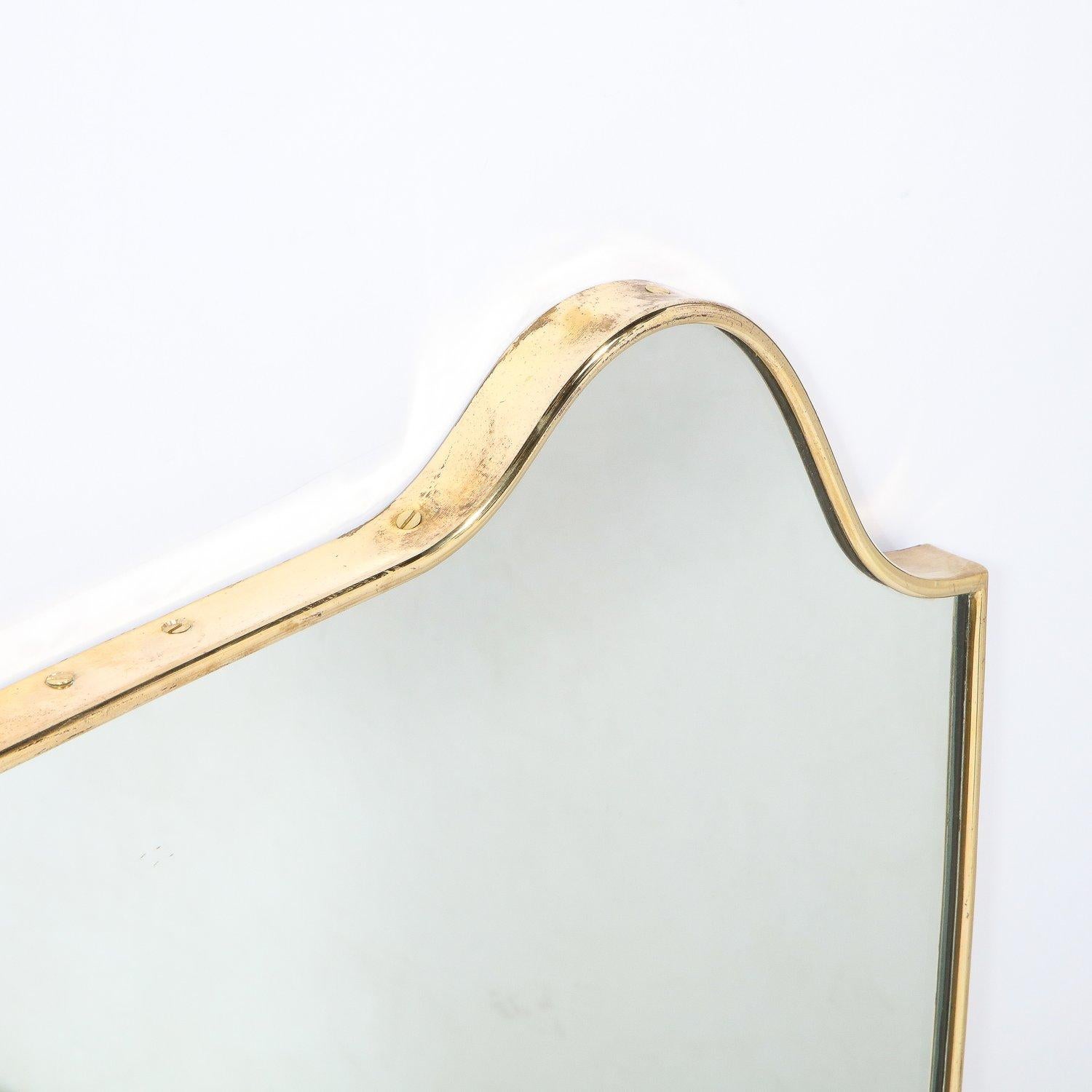 Italian Mid-Century Modern Curvilinear Shield Brass Framed Mirror 1