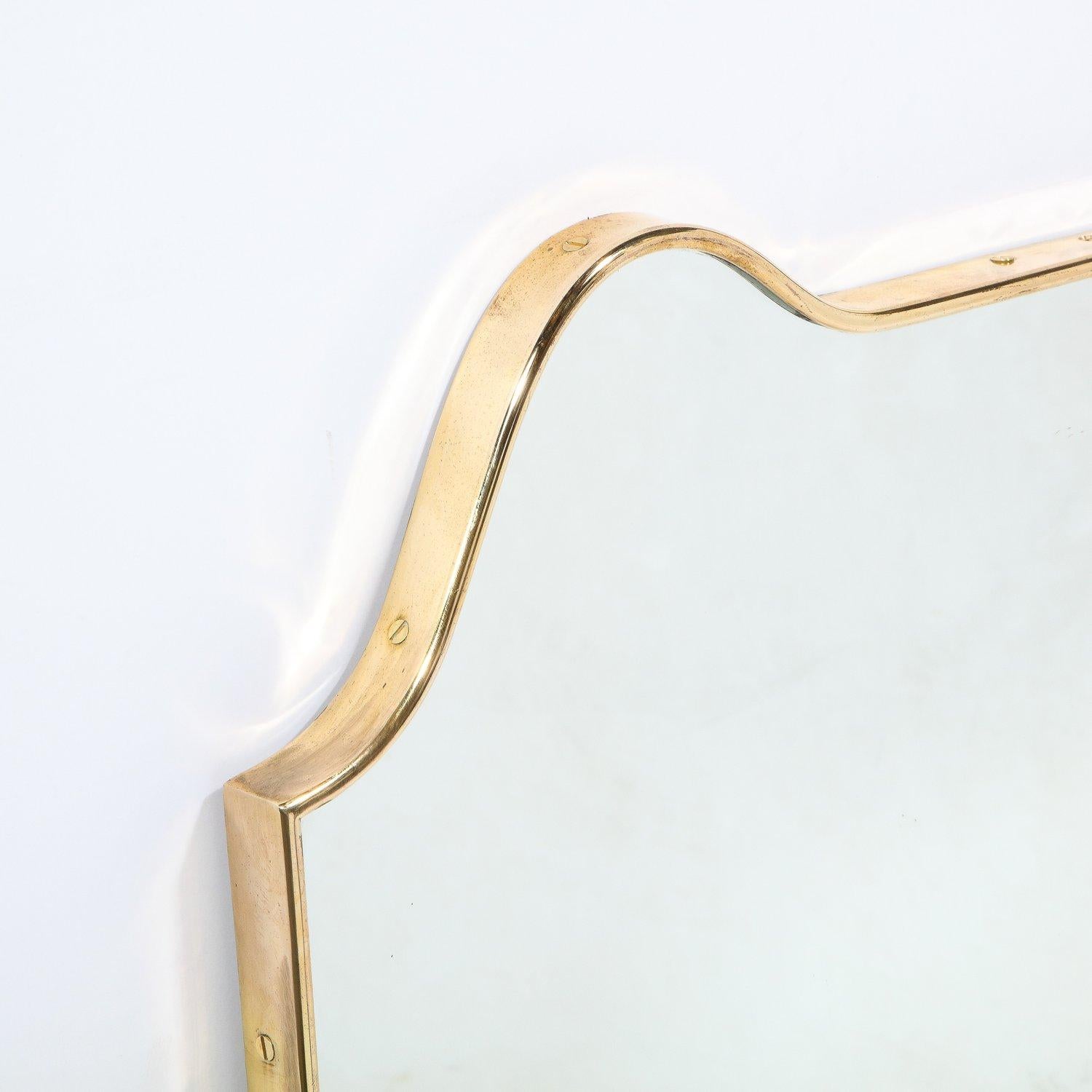 Italian Mid-Century Modern Curvilinear Shield Brass Framed Mirror 3