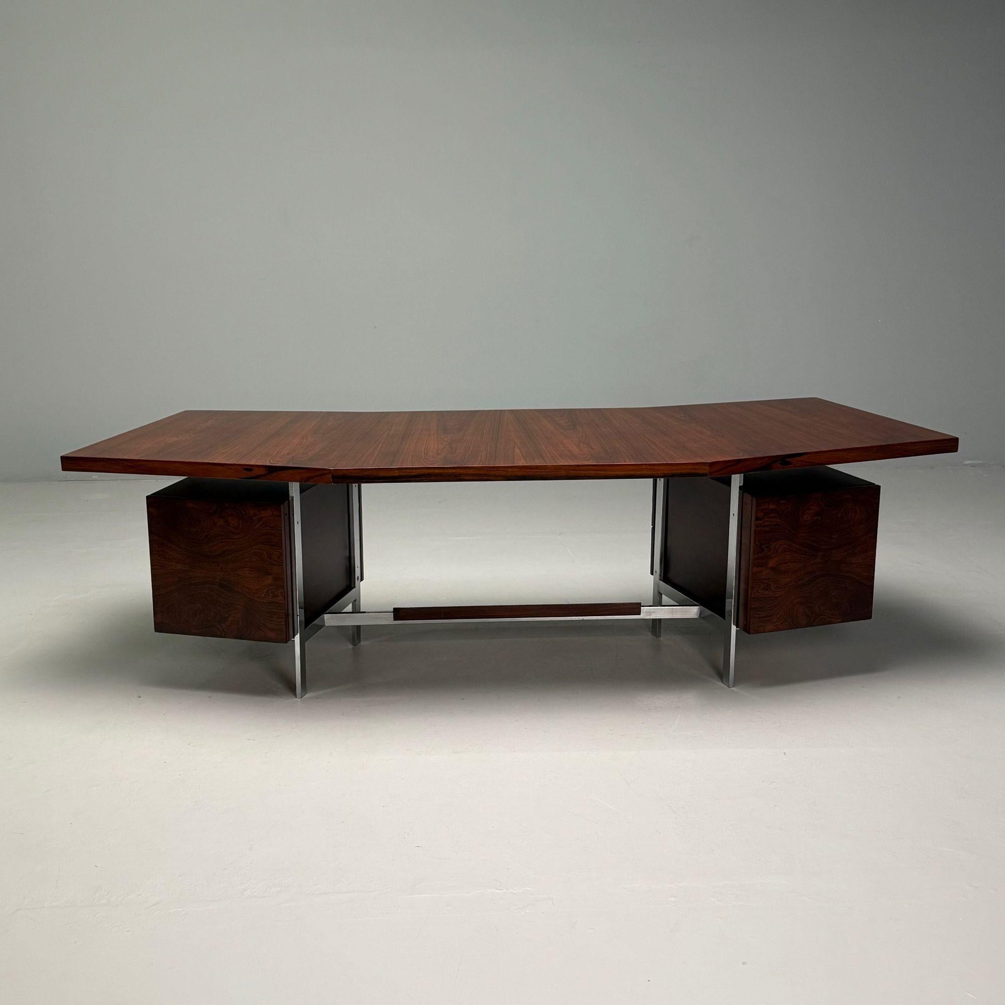 Italian Mid-Century Modern, Demilune Writing Desk, Rosewood, Steel, Italy, 1950s For Sale 7