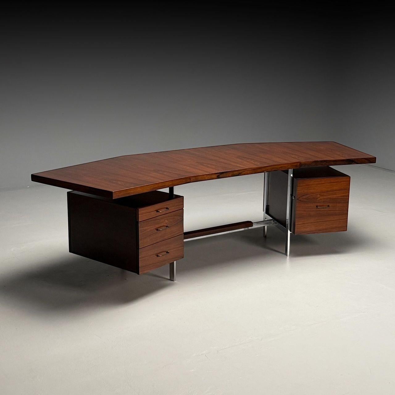 Italian Mid-Century Modern, Demilune Writing Desk, Rosewood, Steel, Italy, 1950s In Good Condition For Sale In Manhasset, NY