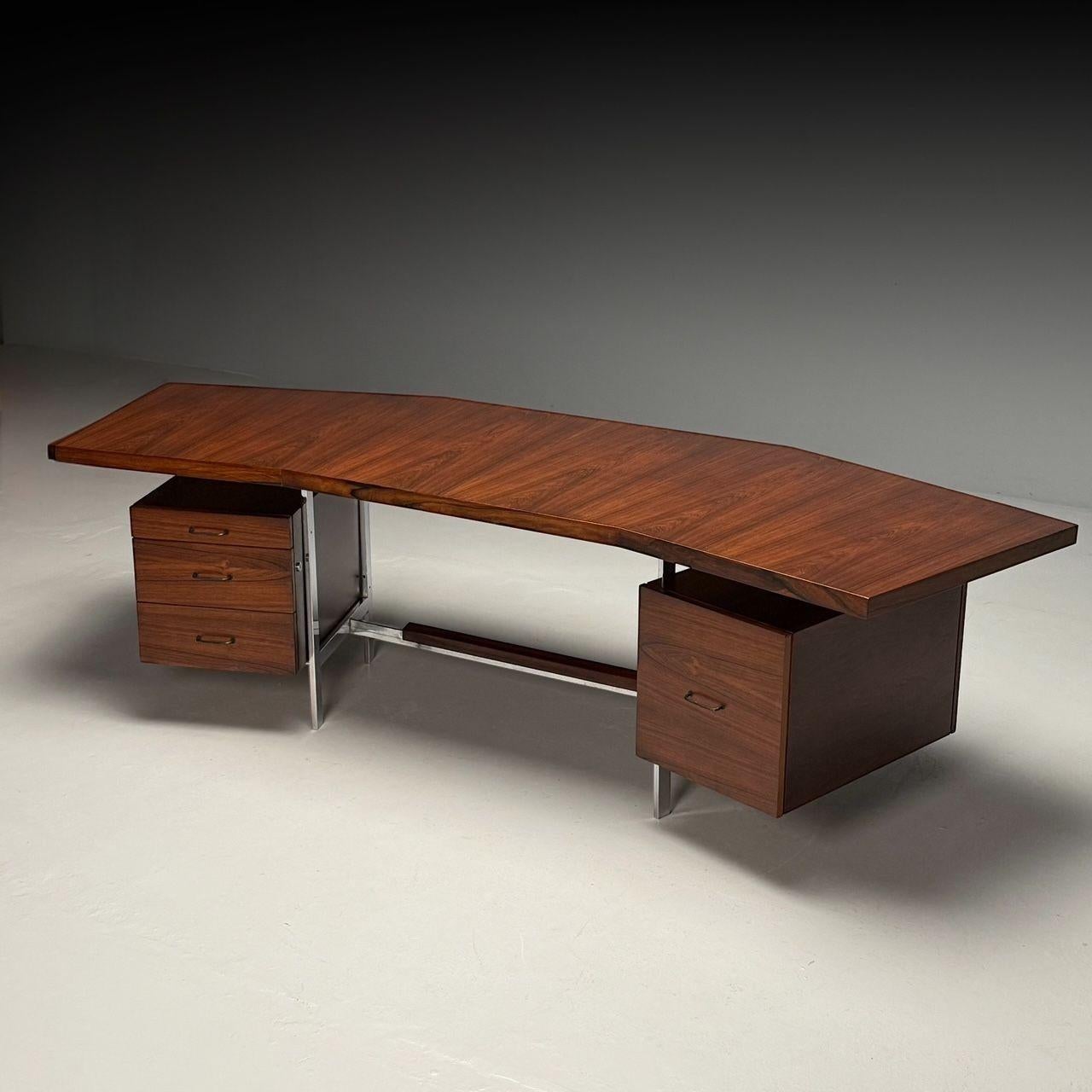Mid-20th Century Italian Mid-Century Modern, Demilune Writing Desk, Rosewood, Steel, Italy, 1950s For Sale