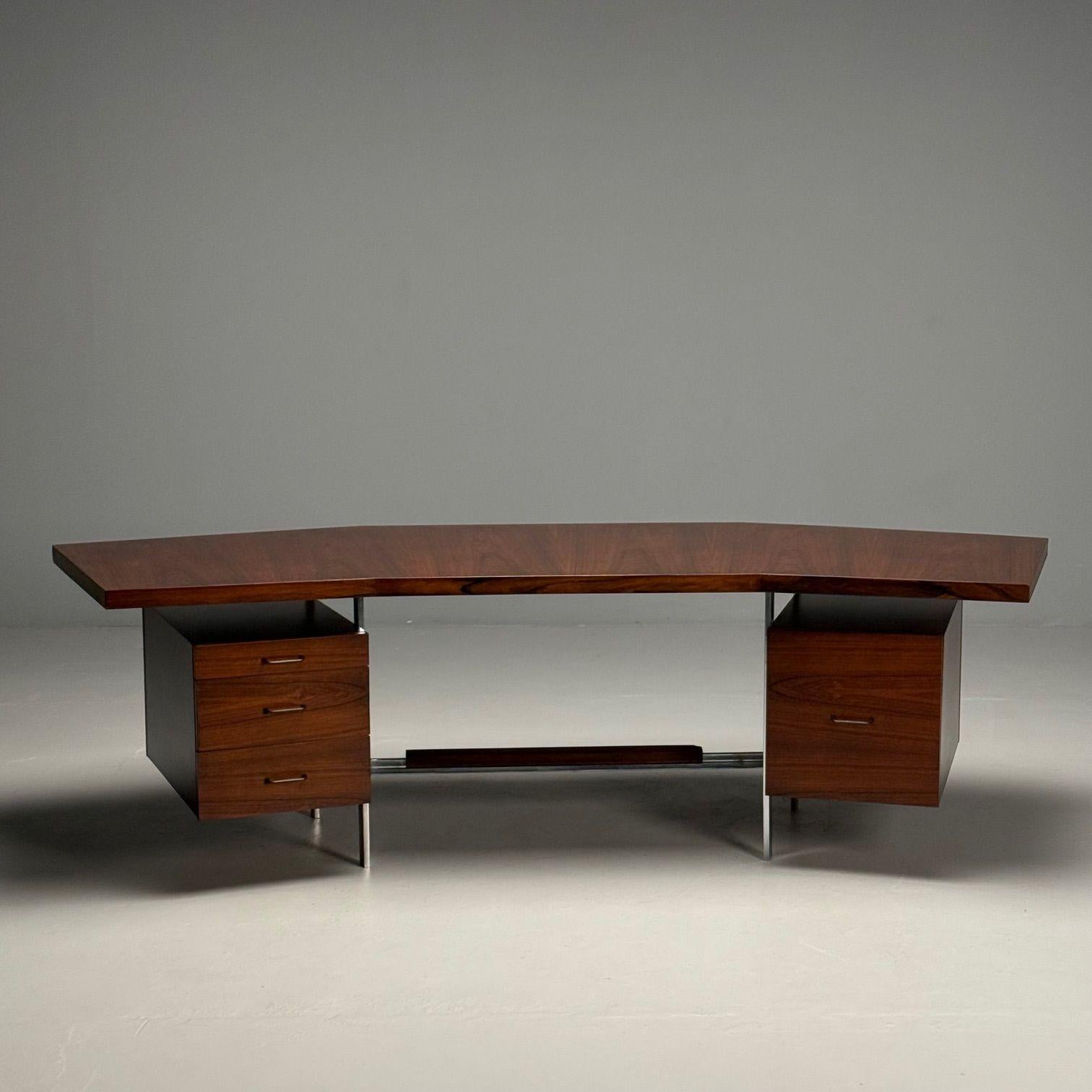 Chrome Italian Mid-Century Modern, Demilune Writing Desk, Rosewood, Steel, Italy, 1950s For Sale