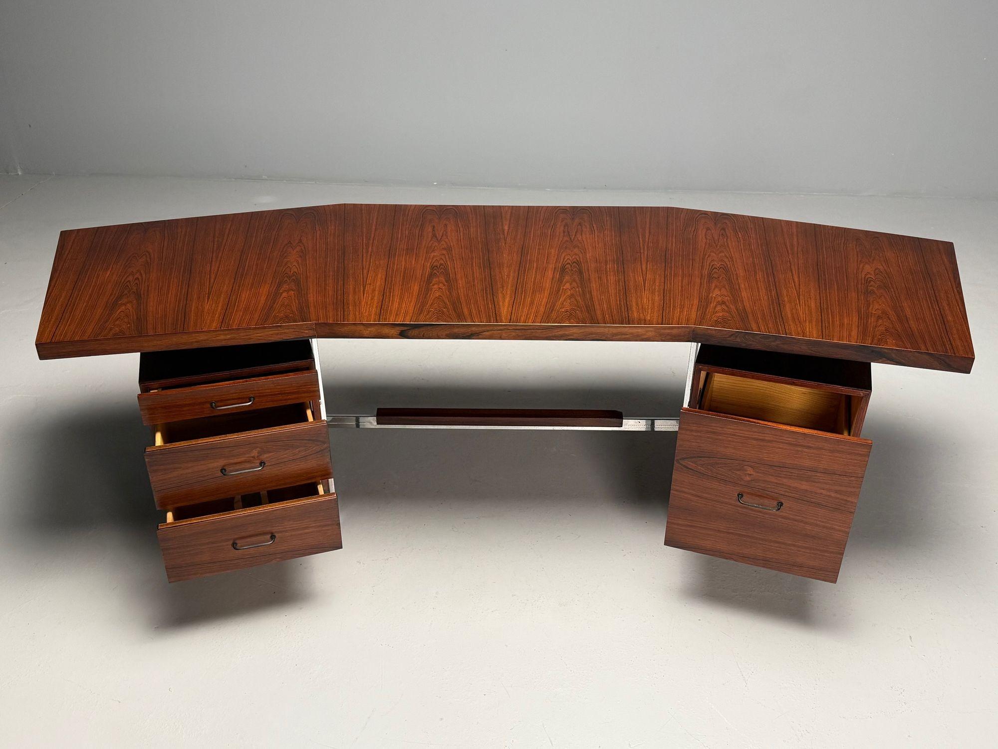 Italian Mid-Century Modern, Demilune Writing Desk, Rosewood, Steel, Italy, 1950s For Sale 2