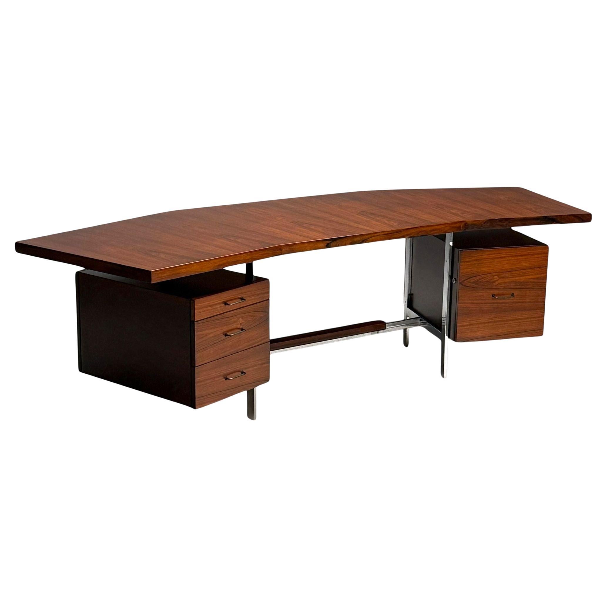 Italian Mid-Century Modern, Demilune Writing Desk, Rosewood, Steel, Italy, 1950s