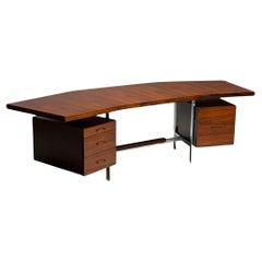 Italian Mid-Century Modern, Demilune Writing Desk, Rosewood, Steel, Italy, 1950s
