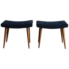 Italian Mid-Century Modern Design Dark Blue Fabric Stools Footstools Set, 1950s