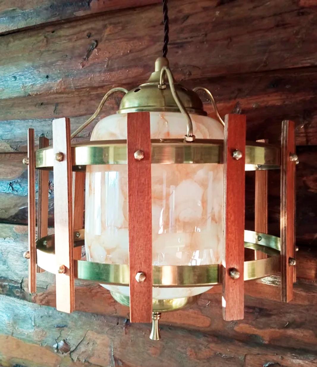 Italian mid century design lamp
Made with Murano glass, wood and brass

  This lantern or lamp ideal for small spaces
It has a very avant-garde design
  It is in perfect condition and the wiring has been replaced with a new one.
same as the