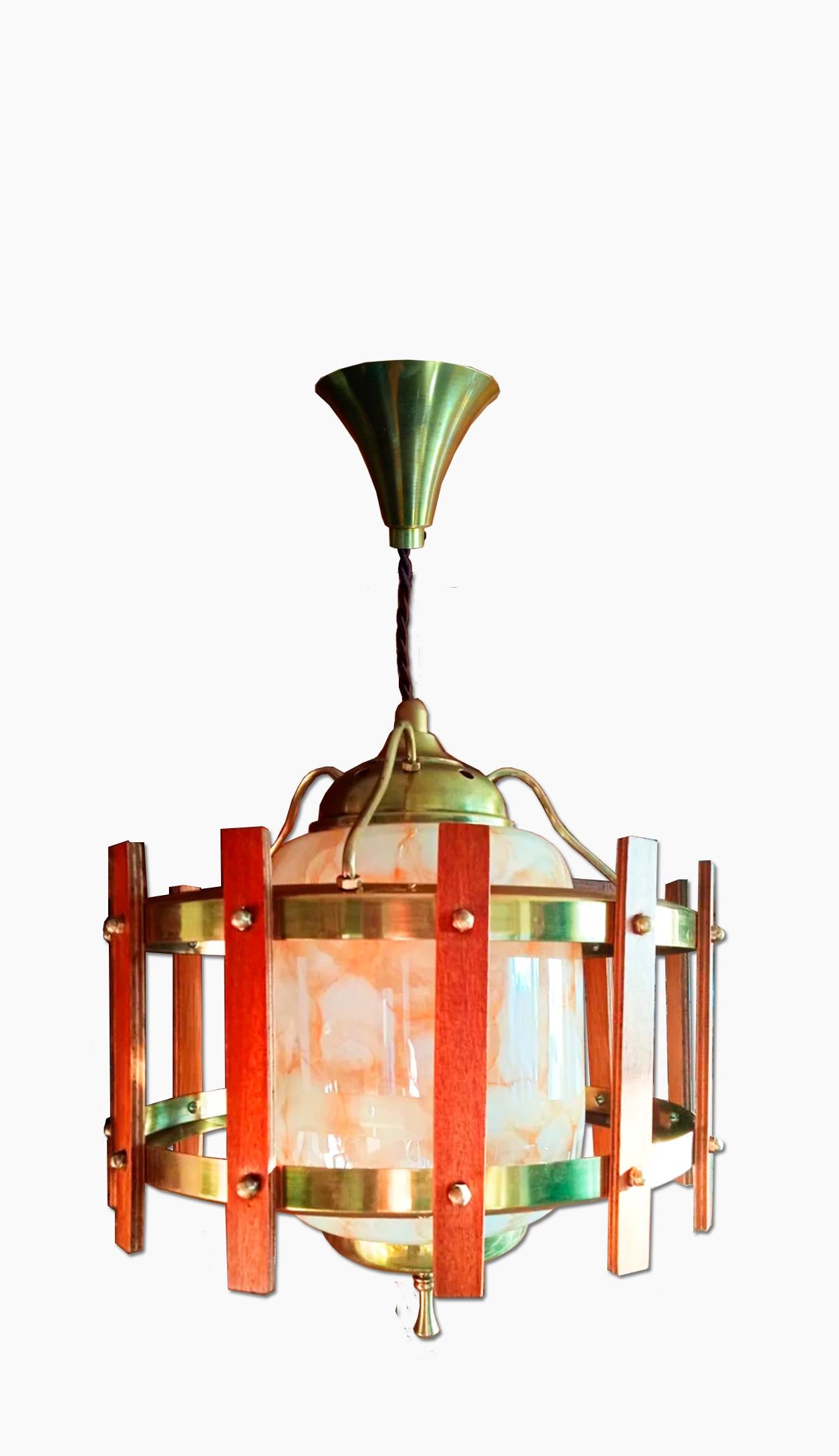 Laterne Mid Century Modern Design Made Murano Glass Wood and Brass Italy 50s (Moderne der Mitte des Jahrhunderts) im Angebot