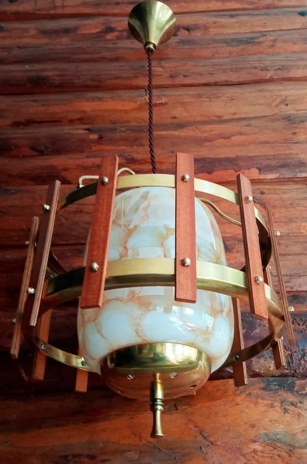 Lantern Mid Century Modern Design Made Murano Glass Wood and Brass Italy 50s For Sale 2