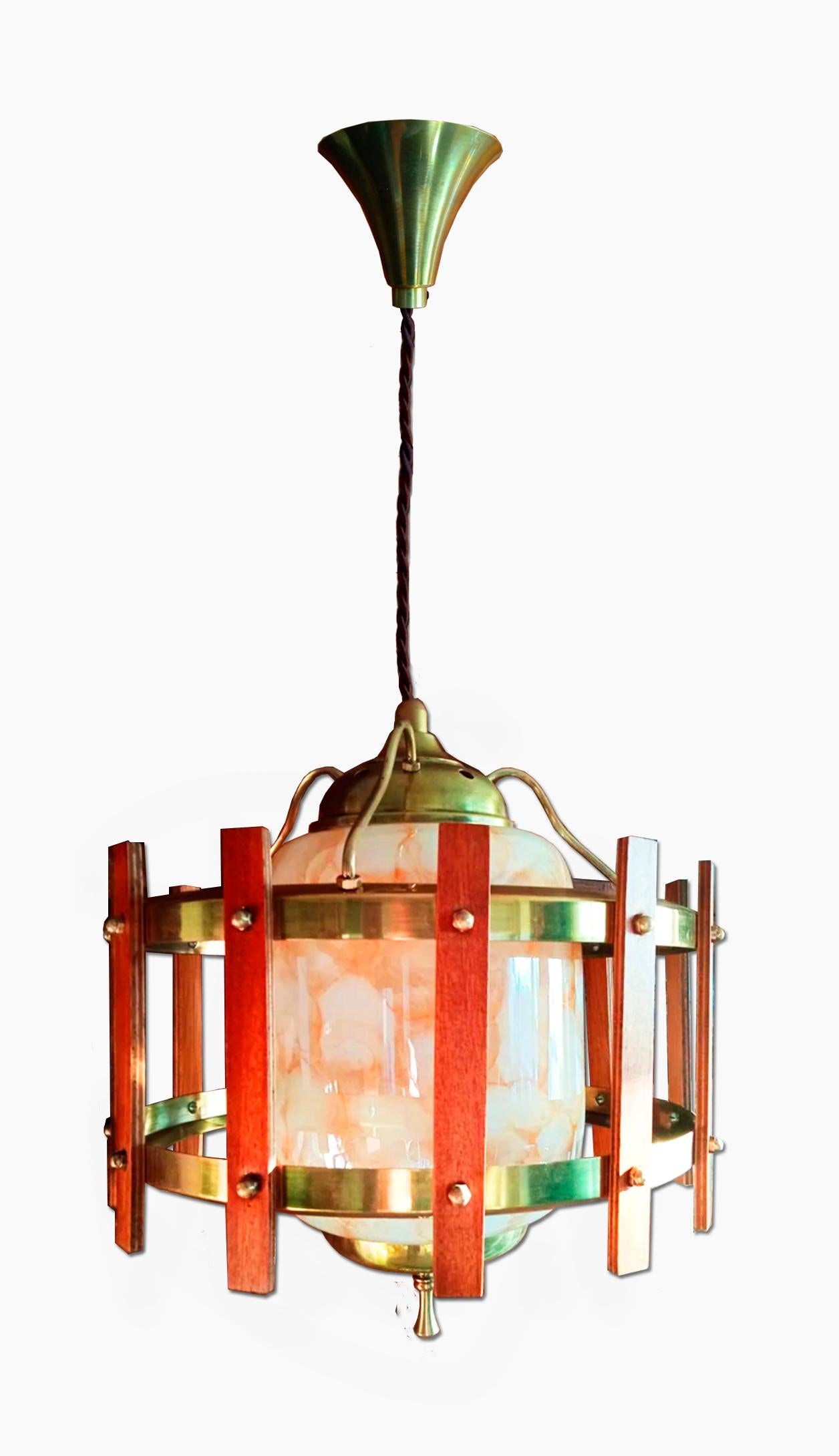 Lantern Mid Century Modern Design Made Murano Glass Wood and Brass Italy 50s For Sale 3