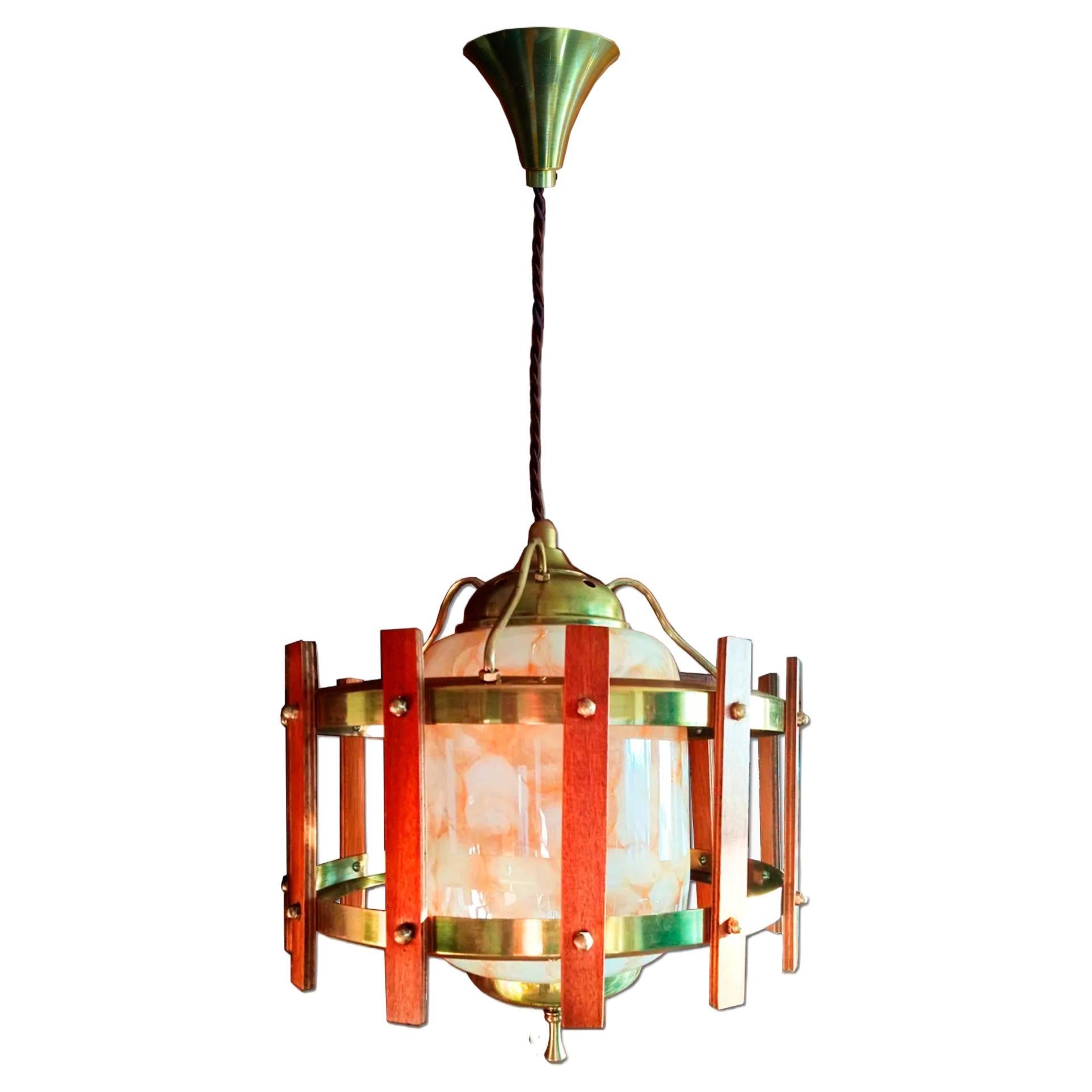 Lantern Mid Century Modern Design Made Murano Glass Wood and Brass Italy 50s For Sale