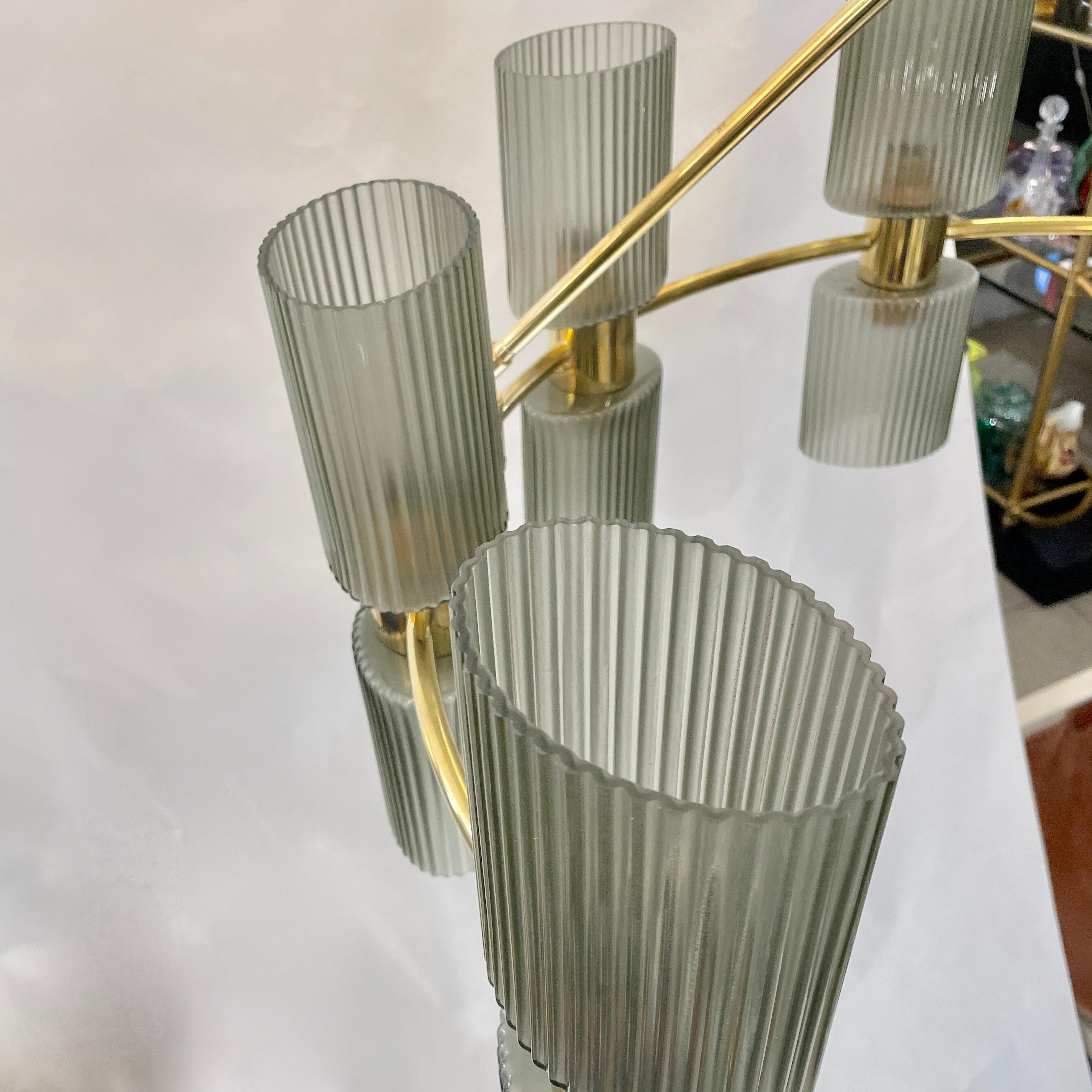 Italian Mid-Century Modern Design Smoked Green Murano Glass Brass Chandelier For Sale 8