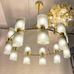 Italian Mid-Century Modern Design Smoked Green Murano Glass Brass Chandelier