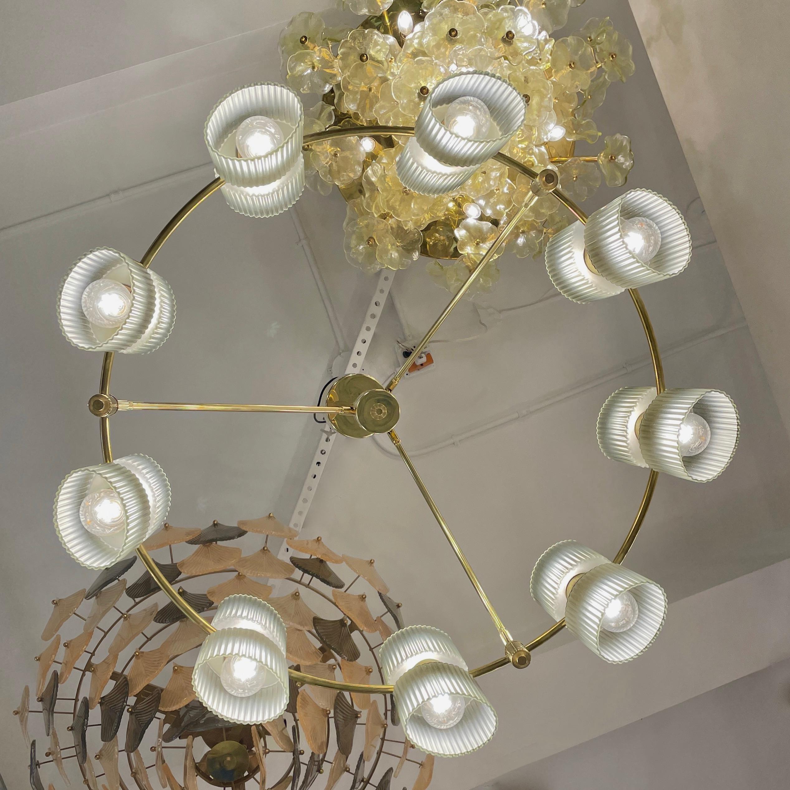 Hand-Crafted Italian Mid-Century Modern Design Smoked Green Murano Glass Brass Chandelier For Sale