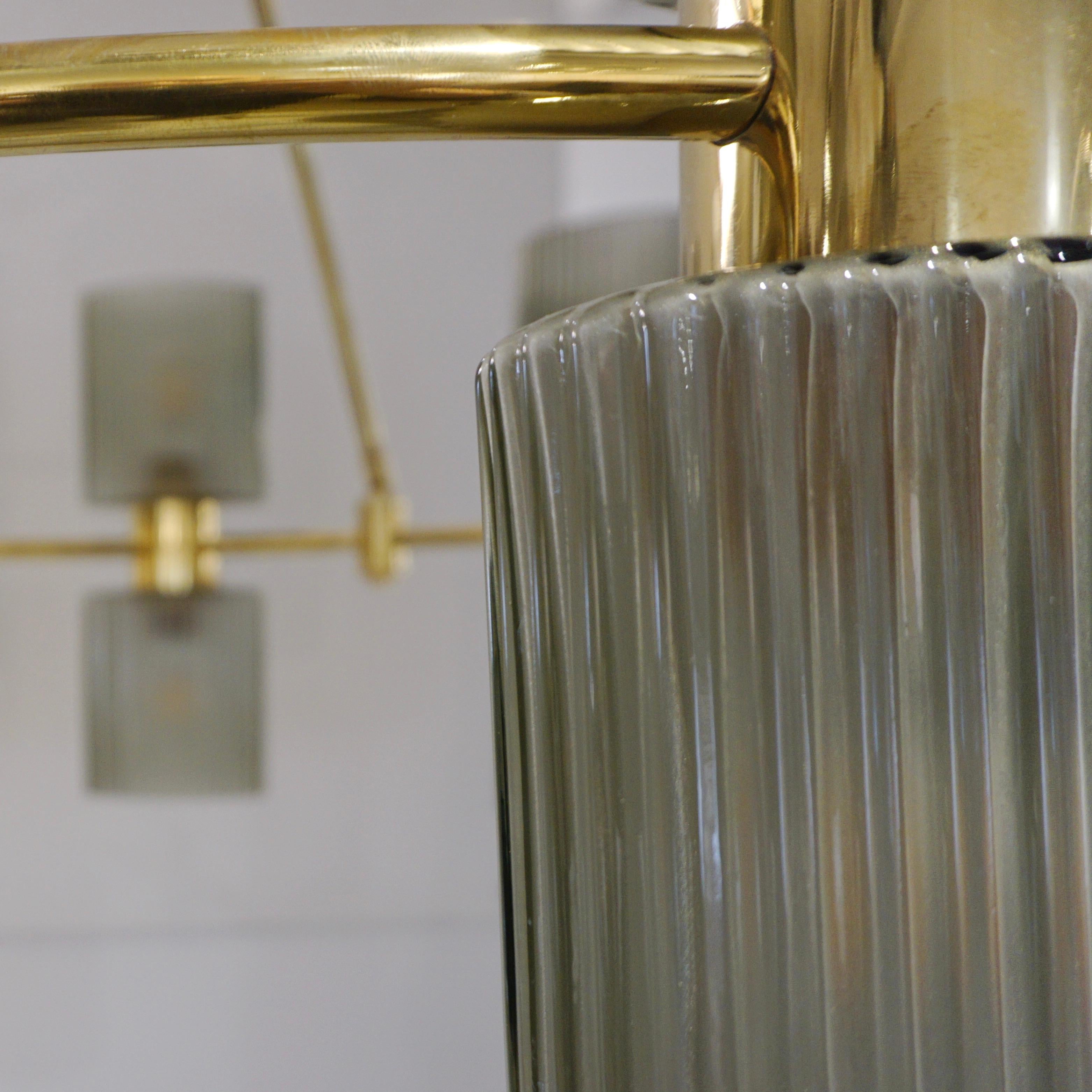 Italian Mid-Century Modern Design Smoked Green Murano Glass Brass Chandelier For Sale 1