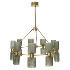 Italian Mid-Century Modern Design Smoked Green Murano Glass Brass Chandelier