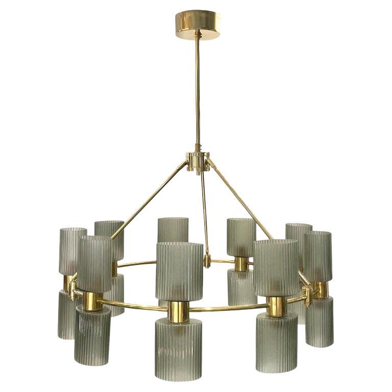 Lampadario italiano di metà secolo dal design moderno in vetro di Murano verde fumé e ottone