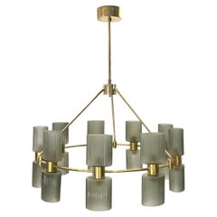 Italian Mid-Century Modern Design Smoked Green Murano Glass Brass Chandelier