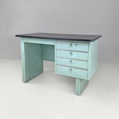 Italian mid-century modern desk in light blue metal and black leather top, 1960s