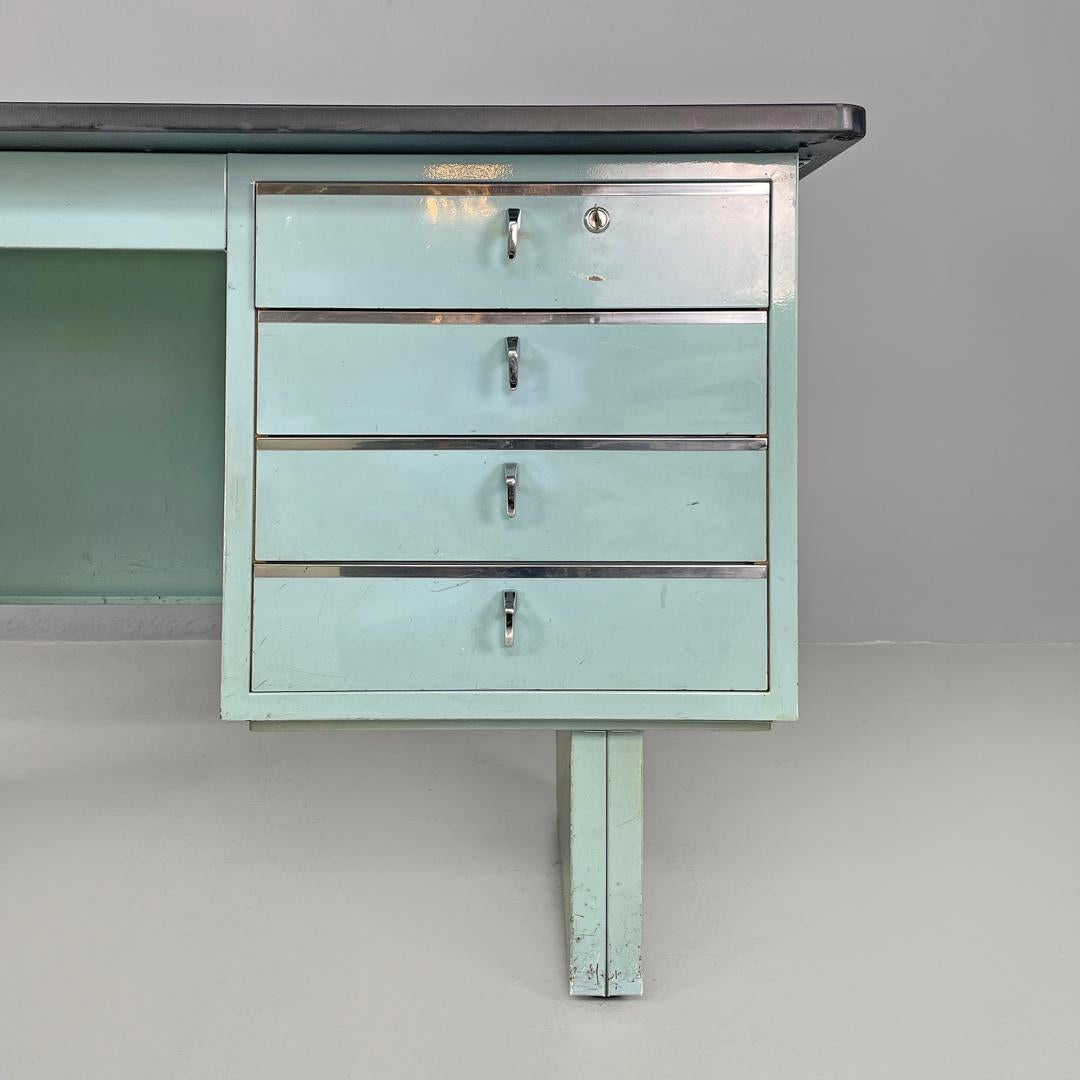 Mid-20th Century Italian mid-century modern desk in light blue metal and black leather top, 1960s For Sale