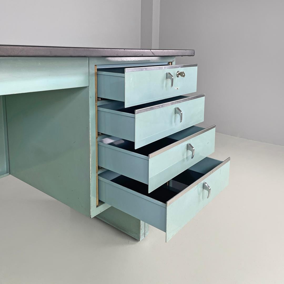 Metal Italian mid-century modern desk in light blue metal and black leather top, 1960s For Sale