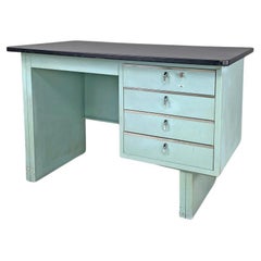 Retro Italian mid-century modern desk in light blue metal and black leather top, 1960s