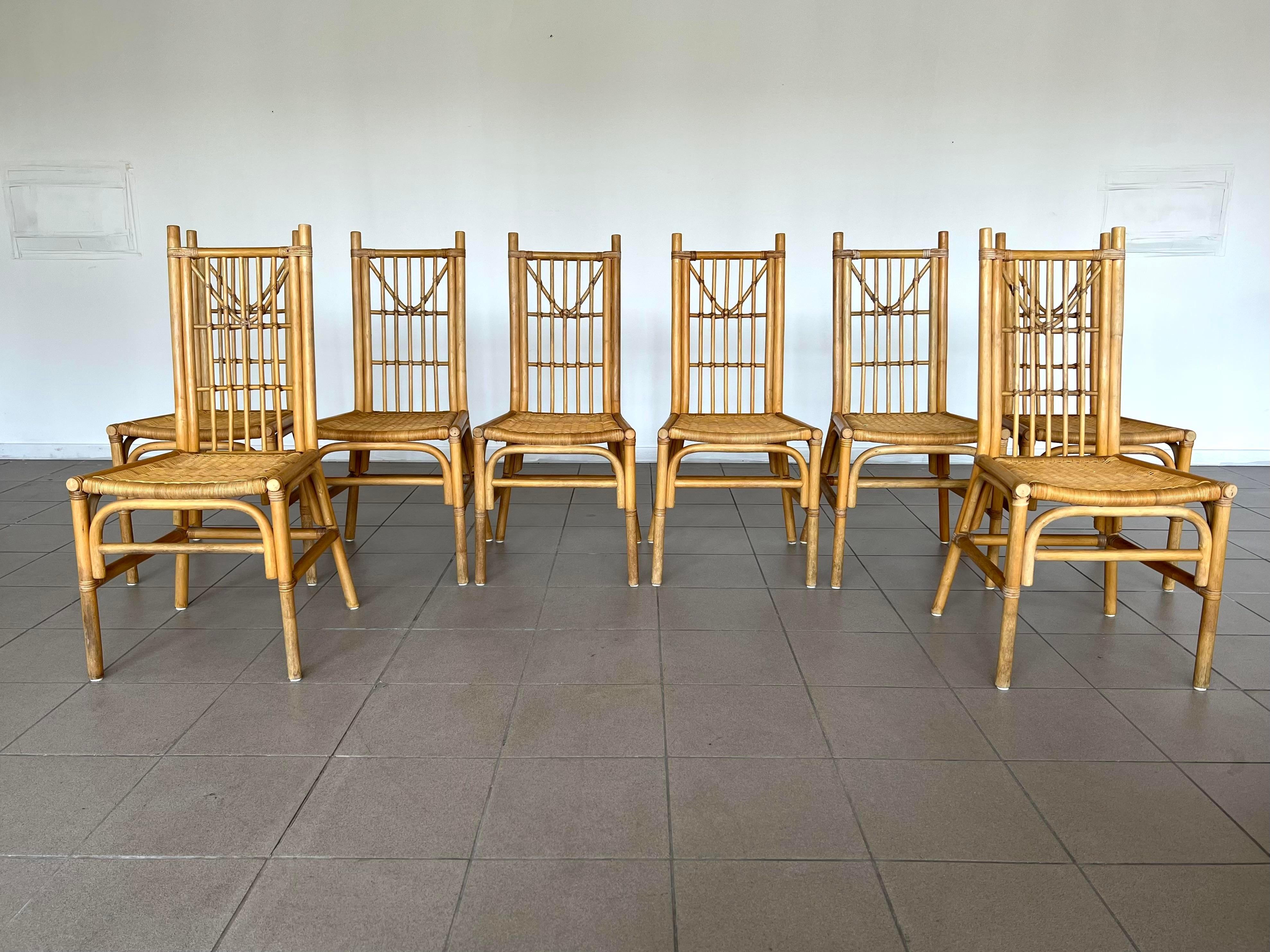 Italian Mid-Century Modern Dining Chairs in Bamboo and Rattan - Set of 8 4