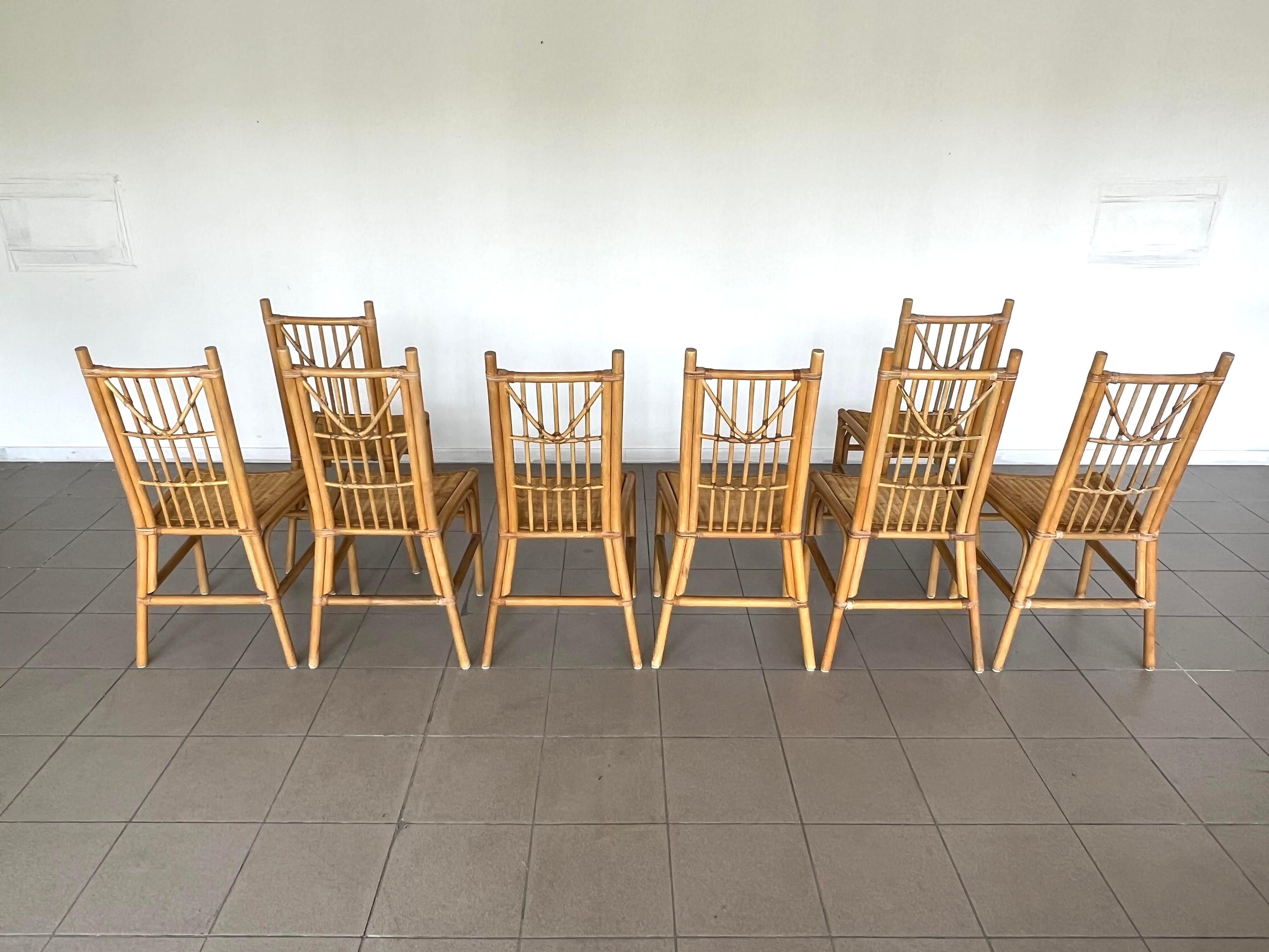 Italian Mid-Century Modern Dining Chairs in Bamboo and Rattan - Set of 8 5
