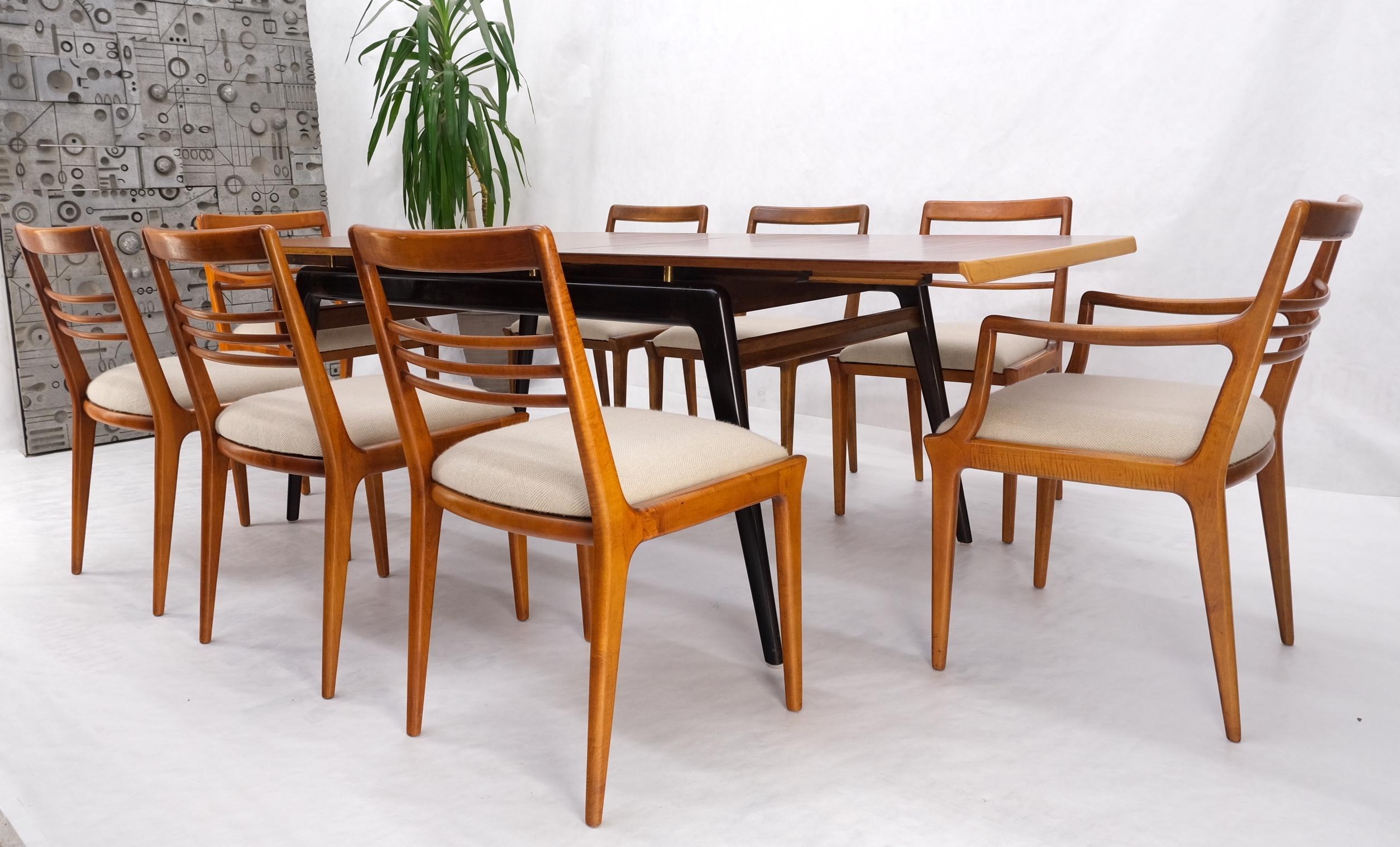 Italian Mid-Century Modern Dining Table 8 Chairs Set New Linen Upholstery Seats For Sale 11