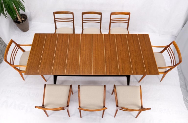 Italian Mid-Century Modern Dining Table 8 Chairs Set New Linen Upholstery Seats For Sale at 1stDibs