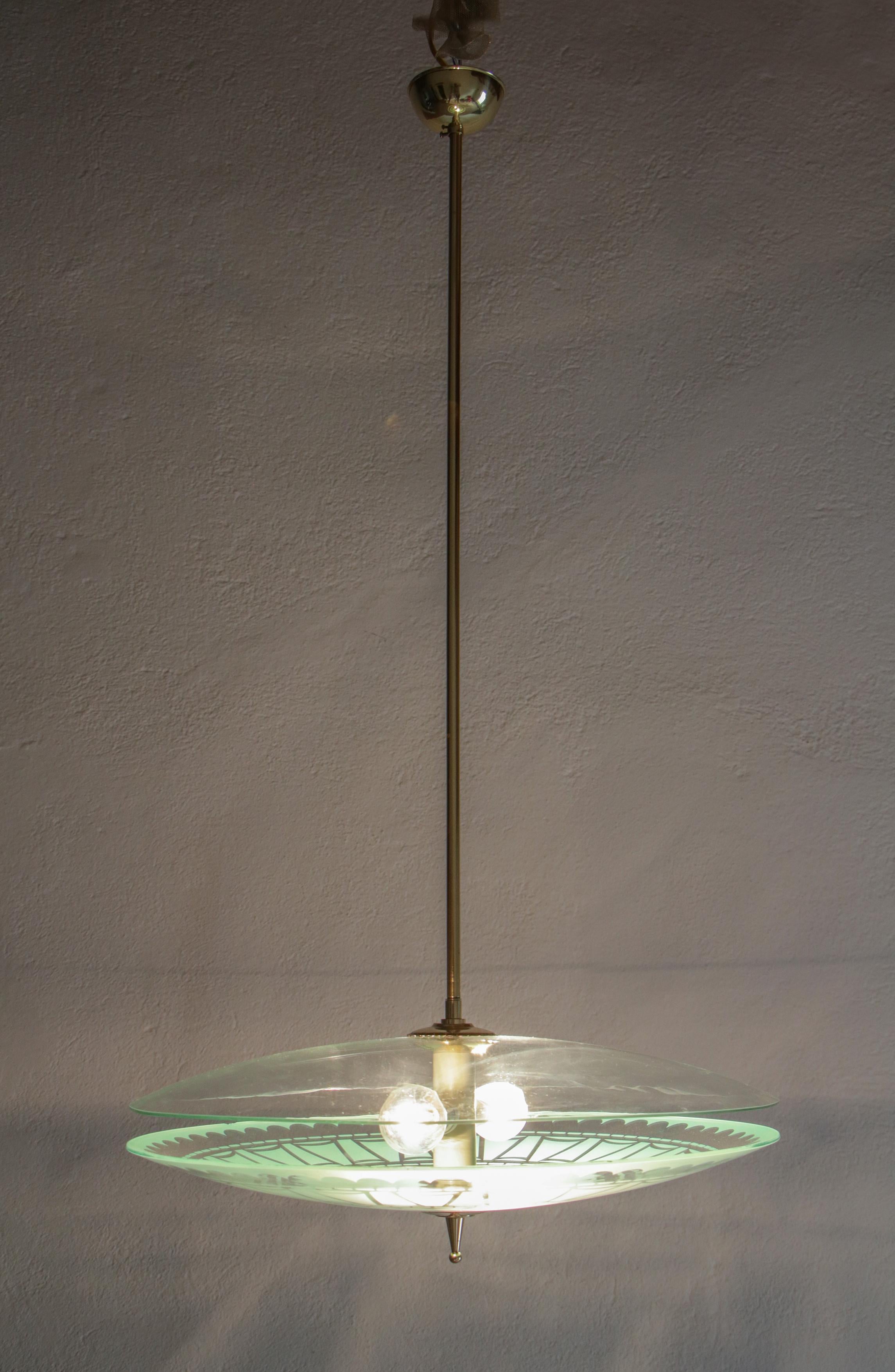 Italian Mid-Century Modern Double Disc Decorated Glass Pendant Lamp, 1950s For Sale 6