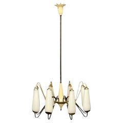 Lampadario a otto luci, ottone, metallo, vetro opalino, italiano, metà secolo moderno