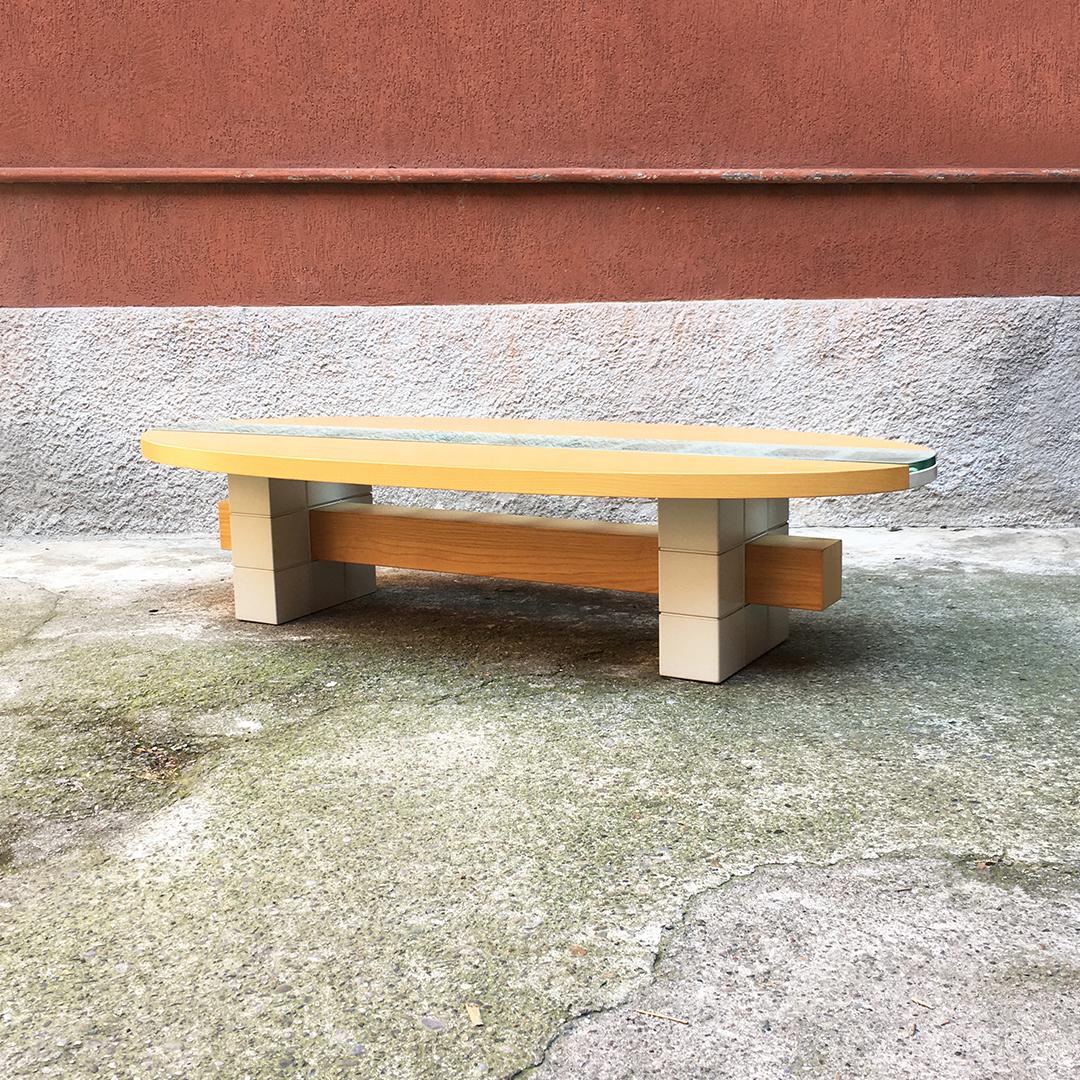 Glass Italian Mid-Century Modern Elliptical Solid Wood Coffee Table, 1980s