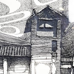 Italian Mid-Century Modern Engraving Print of Building on Paper, 1965