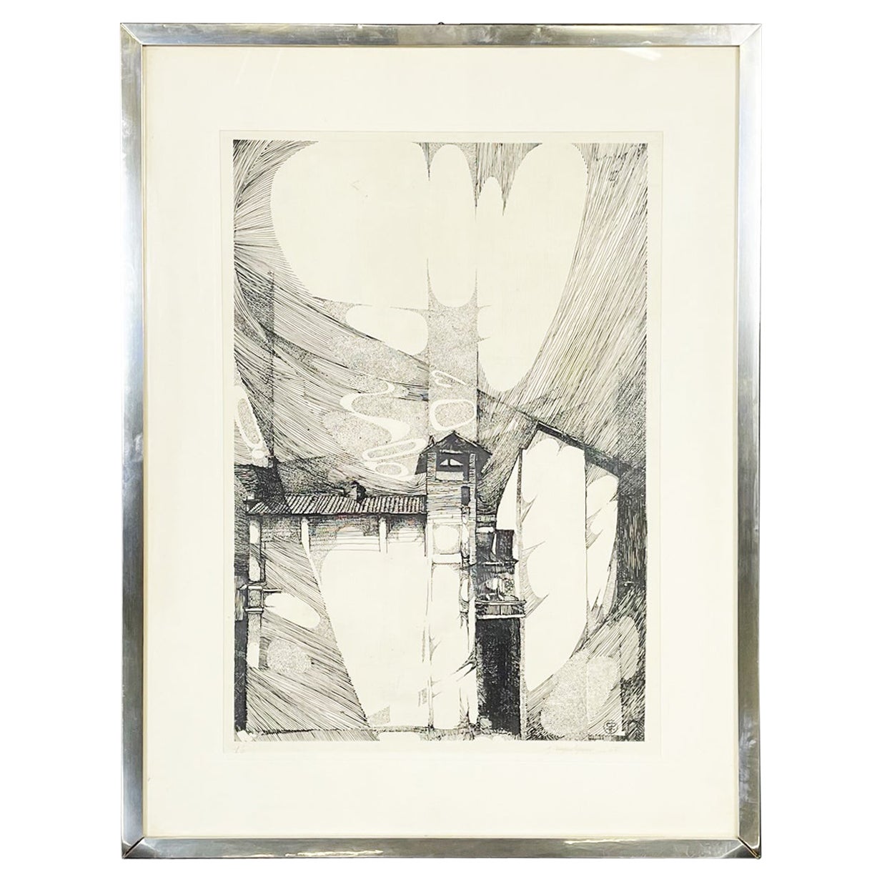 Impression italienne moderne du milieu du siècle dernier représentant un bâtiment sur papier, 1965