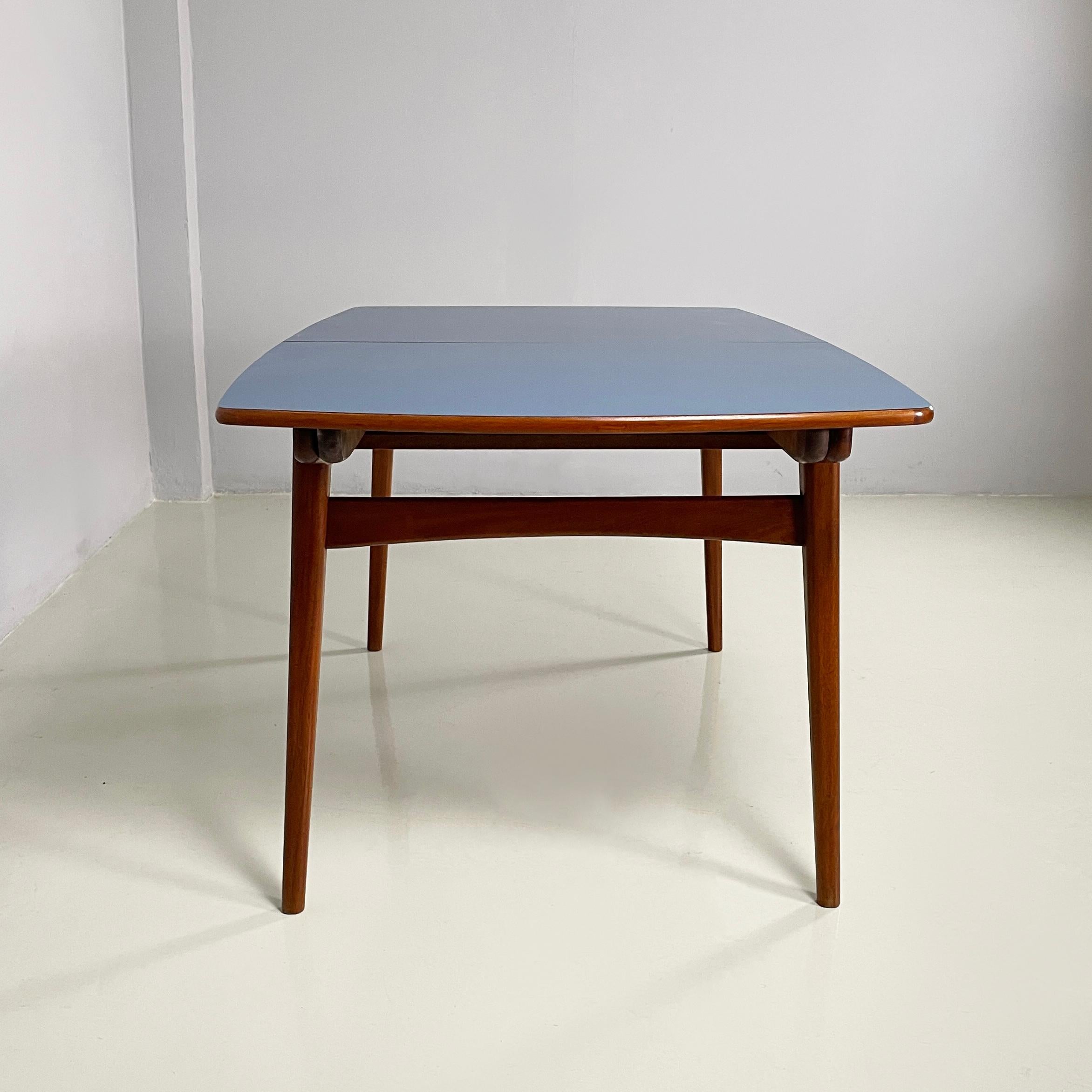 Formica Italian mid-century modern extendable dining table in wood and blue formica 1960