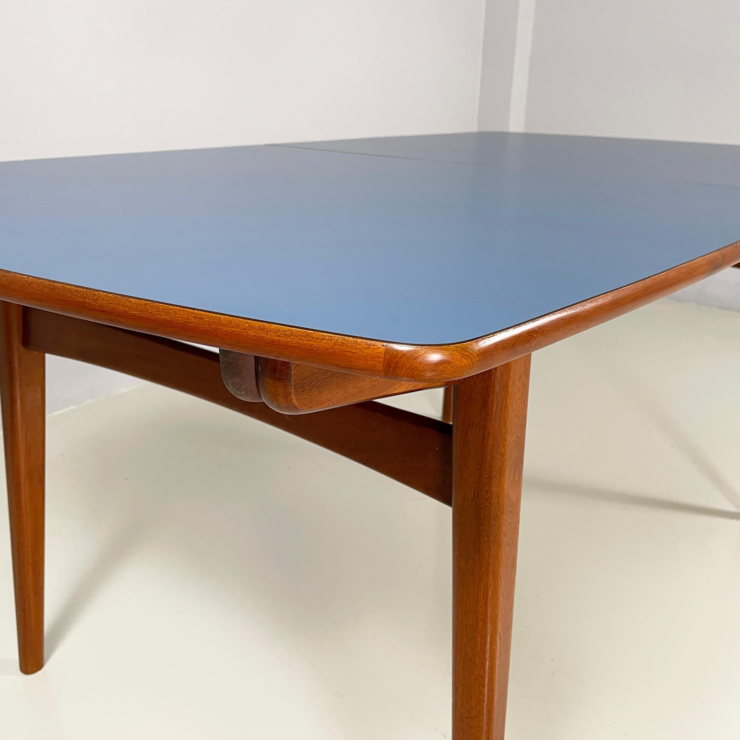 Italian mid-century modern extendable dining table in wood and blue formica 1960 1