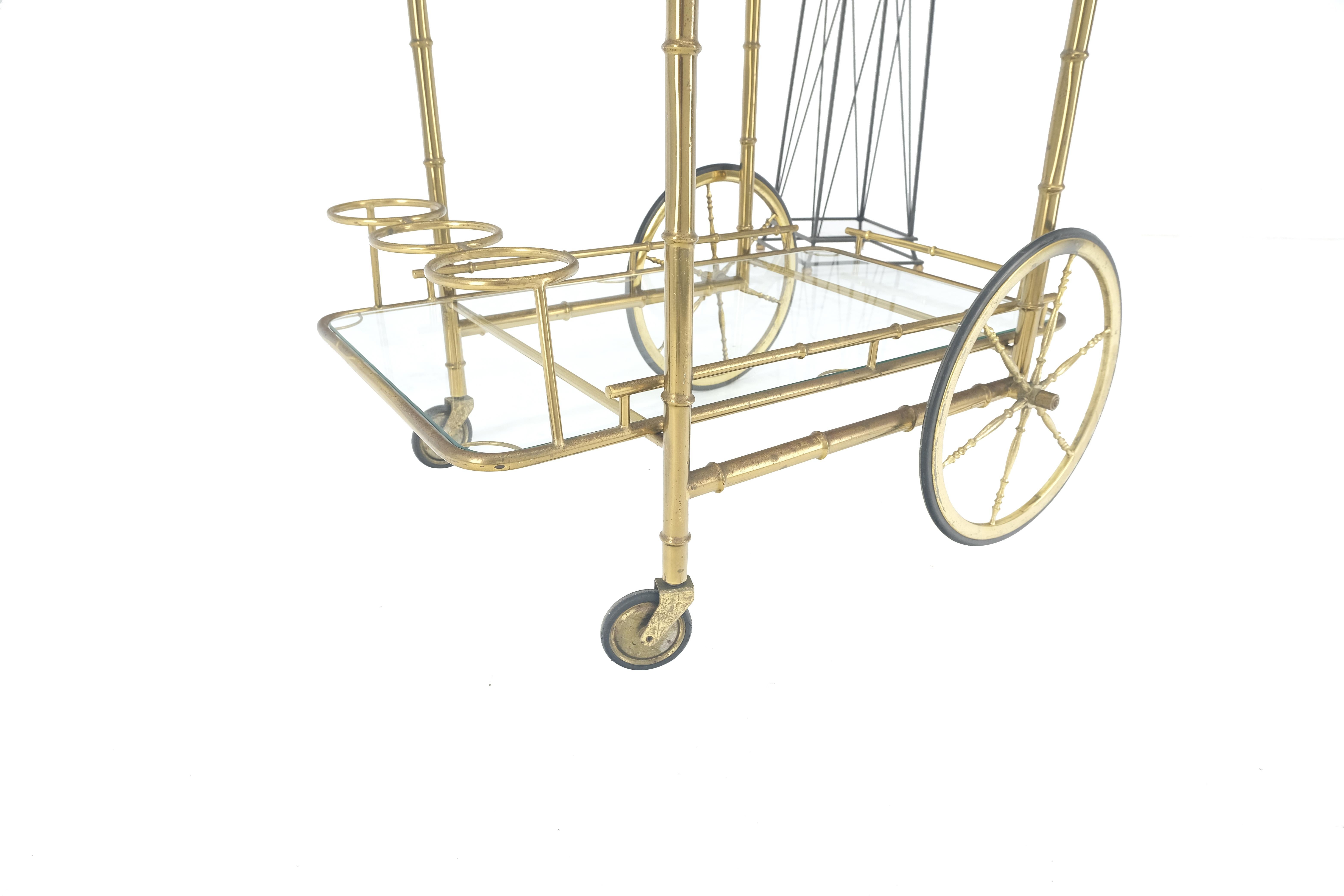 Mid-Century Modern Italian Mid Century Modern Faux Bamboo Brass Two Tier Serving Cart on Wheels  For Sale