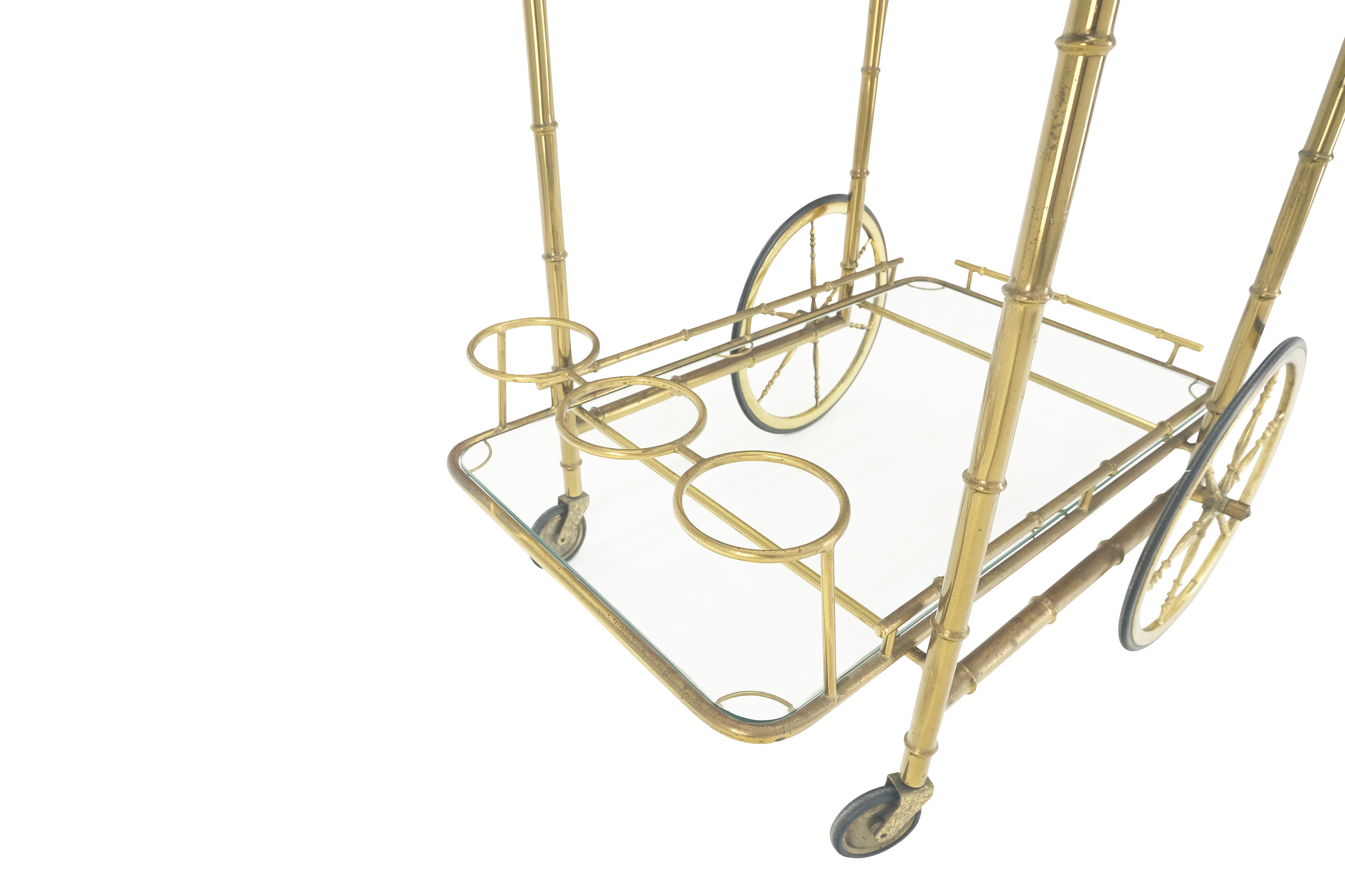 Italian Mid Century Modern Faux Bamboo Brass Two Tier Serving Cart on Wheels  For Sale 2