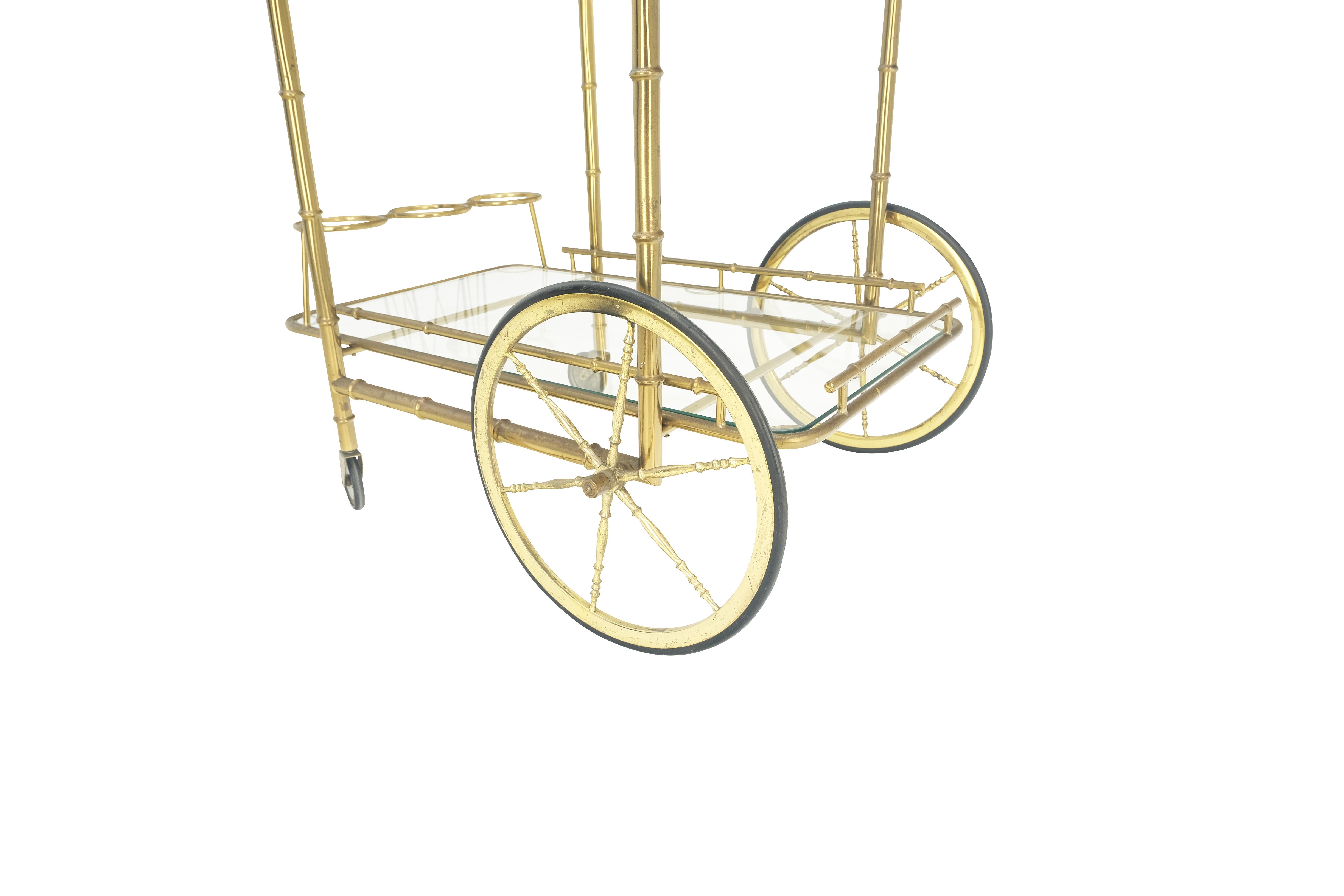 Italian Mid Century Modern Faux Bamboo Brass Two Tier Serving Cart on Wheels  For Sale 4