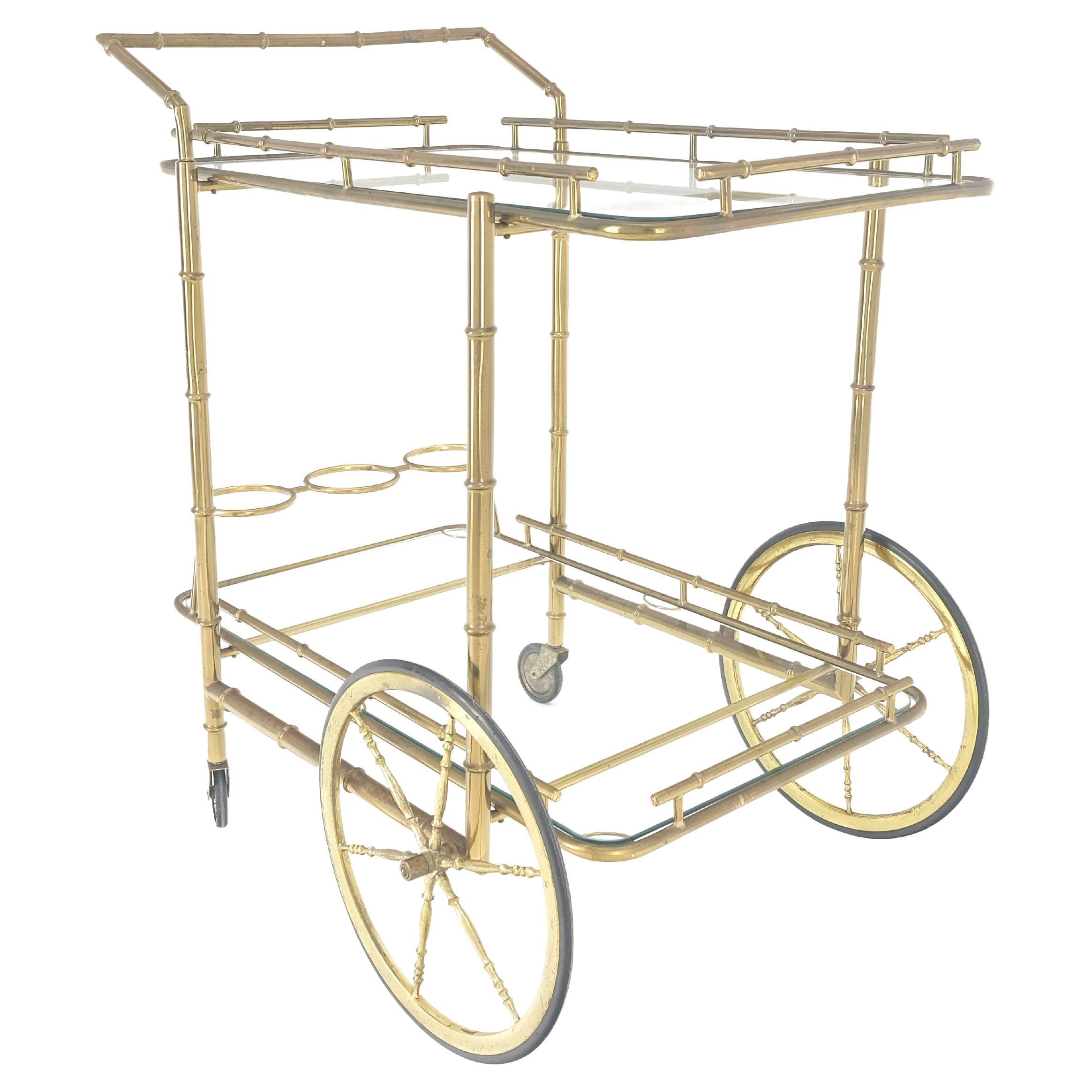 Italian Mid Century Modern Faux Bamboo Brass Two Tier Serving Cart on Wheels  For Sale
