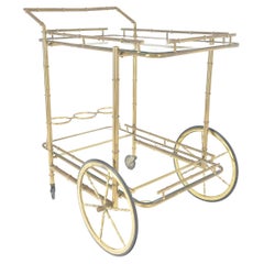 Italian Mid Century Modern Faux Bamboo Brass Two Tier Serving Cart on Wheels